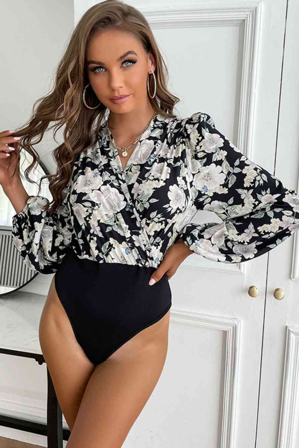 Floral Surplice Neck Puff Sleeve Bodysuit - Scarlett's Riverside Boutique 