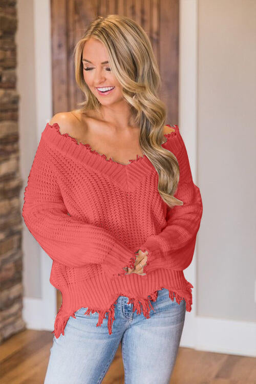 Frayed Hem Dropped Shoulder Sweater - Scarlett's Riverside Boutique 
