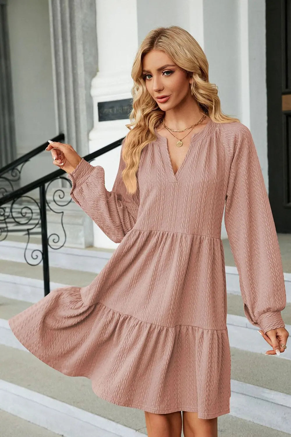 Notched Neck Long Sleeve Mini Dress - Scarlett's Riverside Boutique 