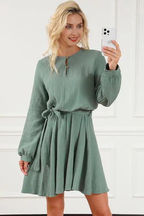 Tie Front Long Sleeve Mini Dress - Scarlett's Riverside Boutique 