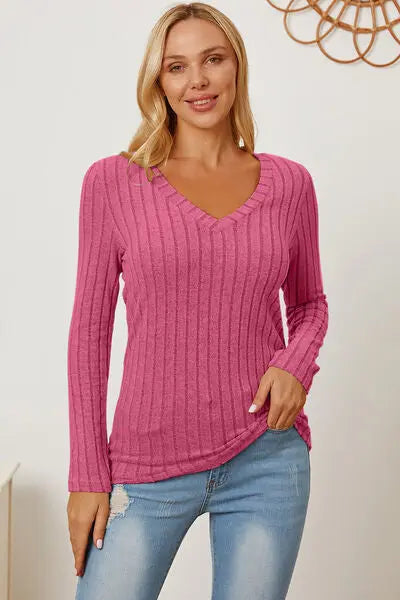 Basic Bae Full Size Ribbed V-Neck Long Sleeve T-Shirt - Scarlett's Riverside Boutique 