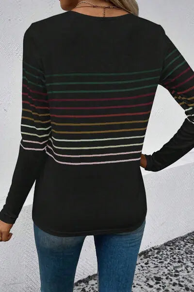 Striped Round Neck Long Sleeve T-Shirt - Scarlett's Riverside Boutique 