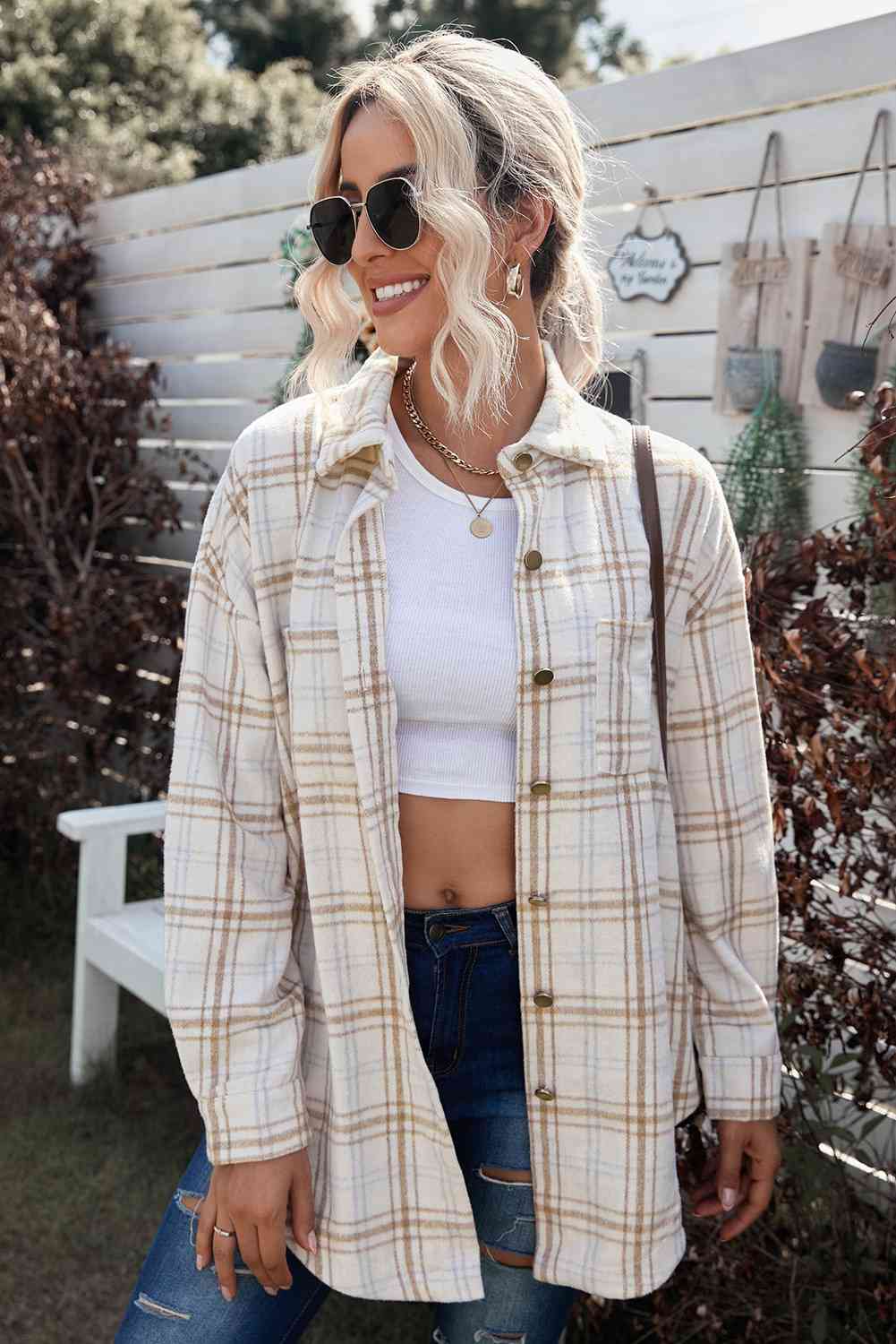 Plaid Curved Hem Dropped Shoulder Longline Shirt Jacket - Scarlett's Riverside Boutique 