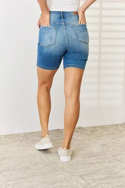 Judy Blue Full Size Tummy Control Double Button Bermuda Denim Shorts - Scarlett's Riverside Boutique 