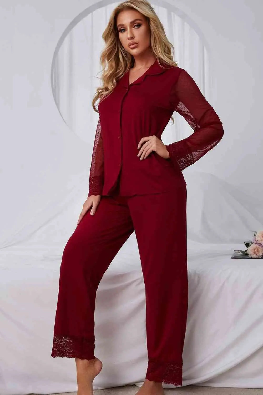 Spliced Lace Lapel Collar Pajama Set - Scarlett's Riverside Boutique 