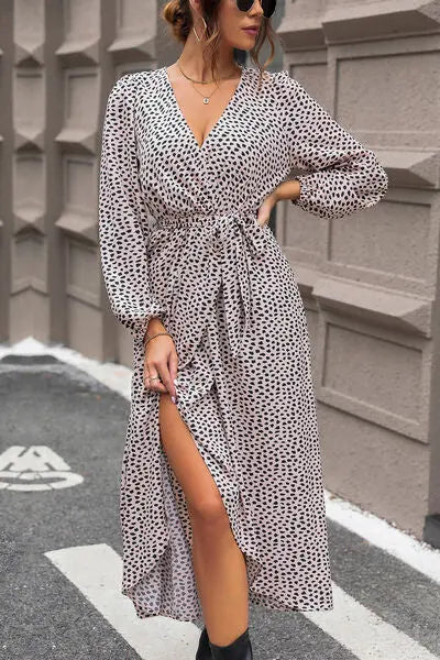 Slit Printed Surplice Balloon Sleeve Dress - Scarlett's Riverside Boutique 