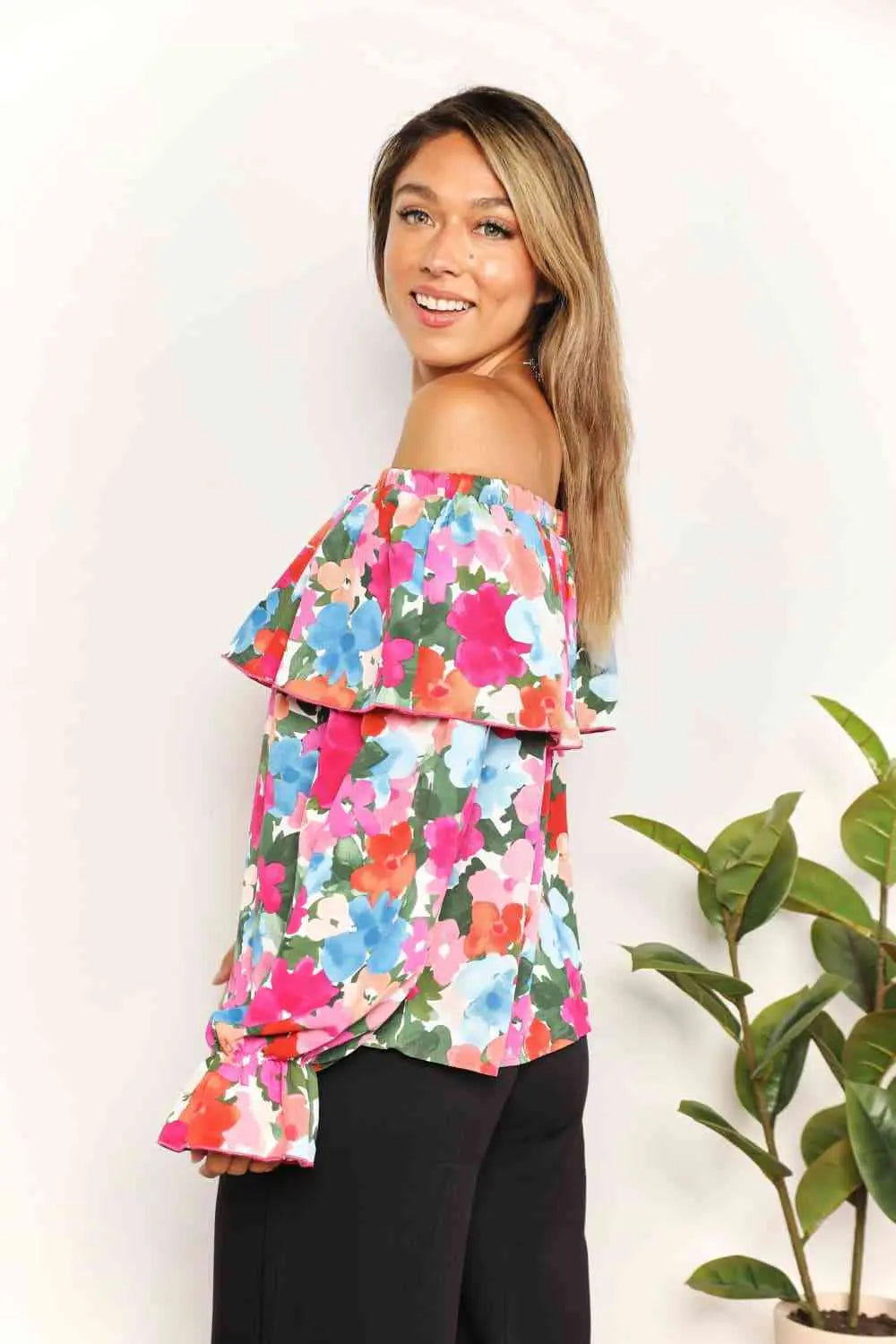 Double Take Floral Off-Shoulder Flounce Sleeve Layered Blouse - Scarlett's Riverside Boutique 