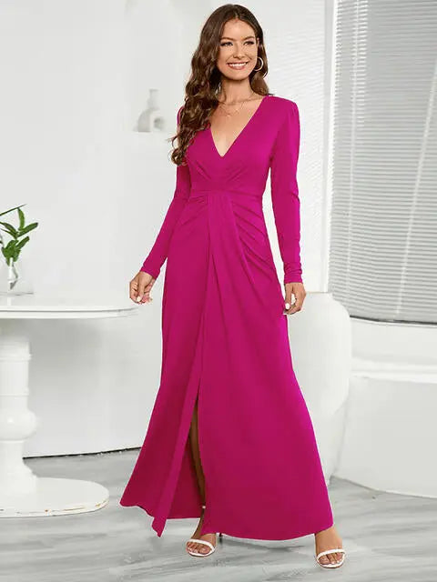 V-Neck Long Sleeve Split Dress - Scarlett's Riverside Boutique 