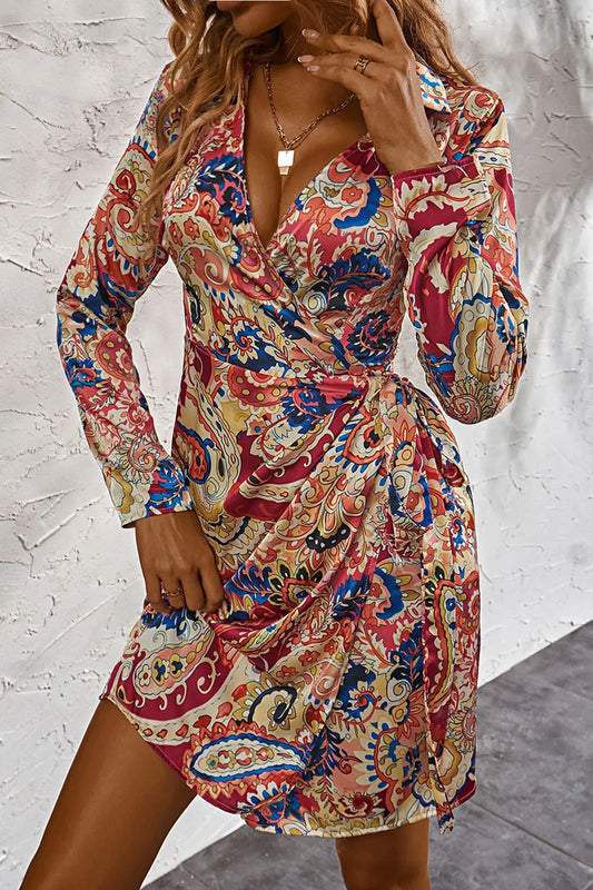 Printed Surplice Neck Long Sleeve Mini Dress - Scarlett's Riverside Boutique 