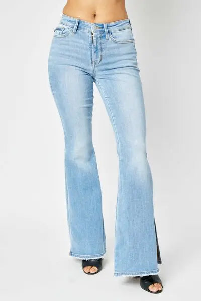 Judy Blue Full Size Mid Rise Raw Hem Slit Flare Jeans - Scarlett's Riverside Boutique 