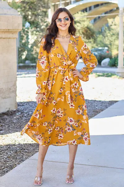 Double Take Full Size Floral Tie Back Flounce Sleeve Dress - Scarlett's Riverside Boutique 