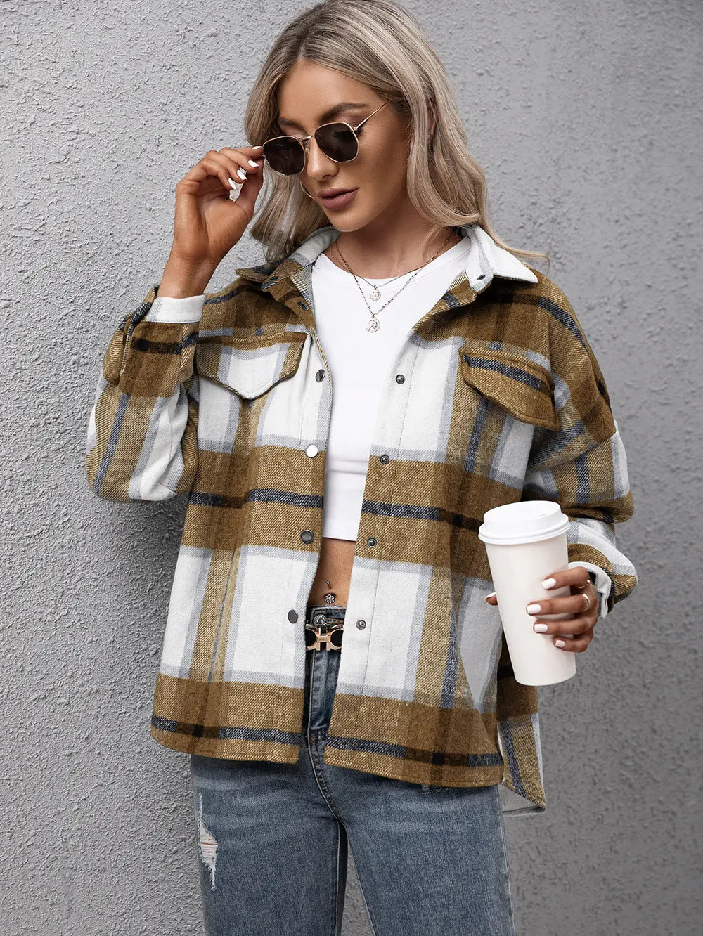 Plaid Long Sleeve Shirt Jacket - Scarlett's Riverside Boutique 