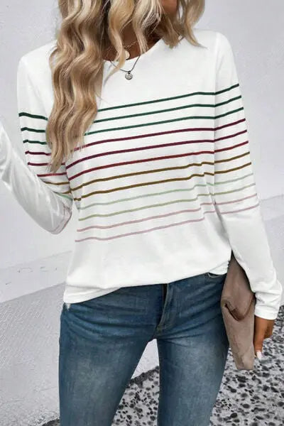 Striped Round Neck Long Sleeve T-Shirt - Scarlett's Riverside Boutique 