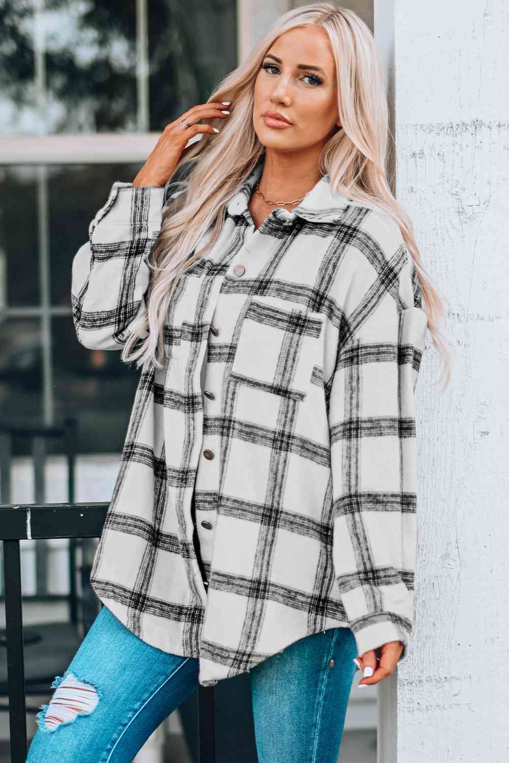 Plaid Curved Hem Dropped Shoulder Longline Shirt Jacket - Scarlett's Riverside Boutique 