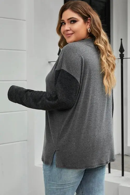 Plus Size Round Neck Long Sleeve Buttoned Blouse - Scarlett's Riverside Boutique 