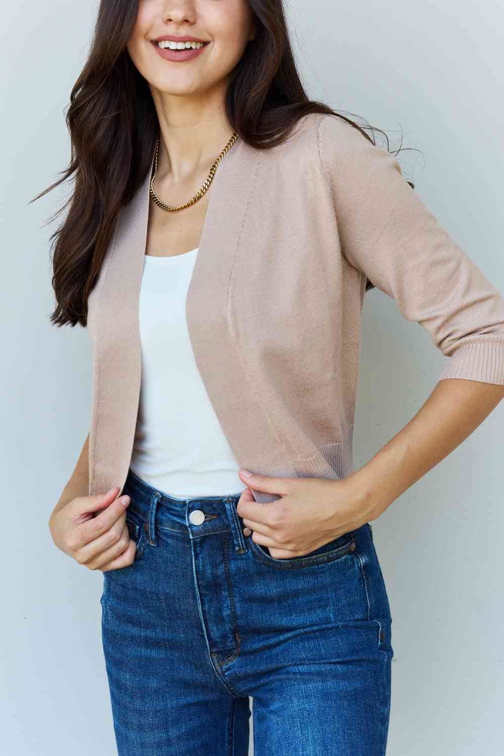 Doublju My Favorite Full Size 3/4 Sleeve Cropped Cardigan in Khaki - Scarlett's Riverside Boutique 