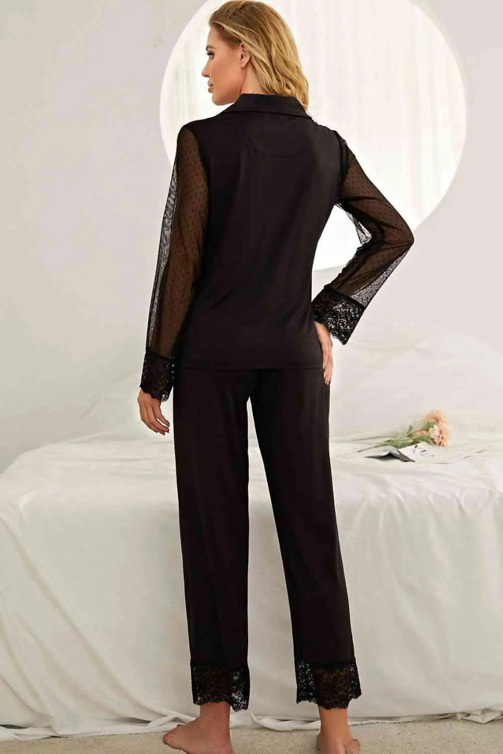 Spliced Lace Lapel Collar Pajama Set - Scarlett's Riverside Boutique 