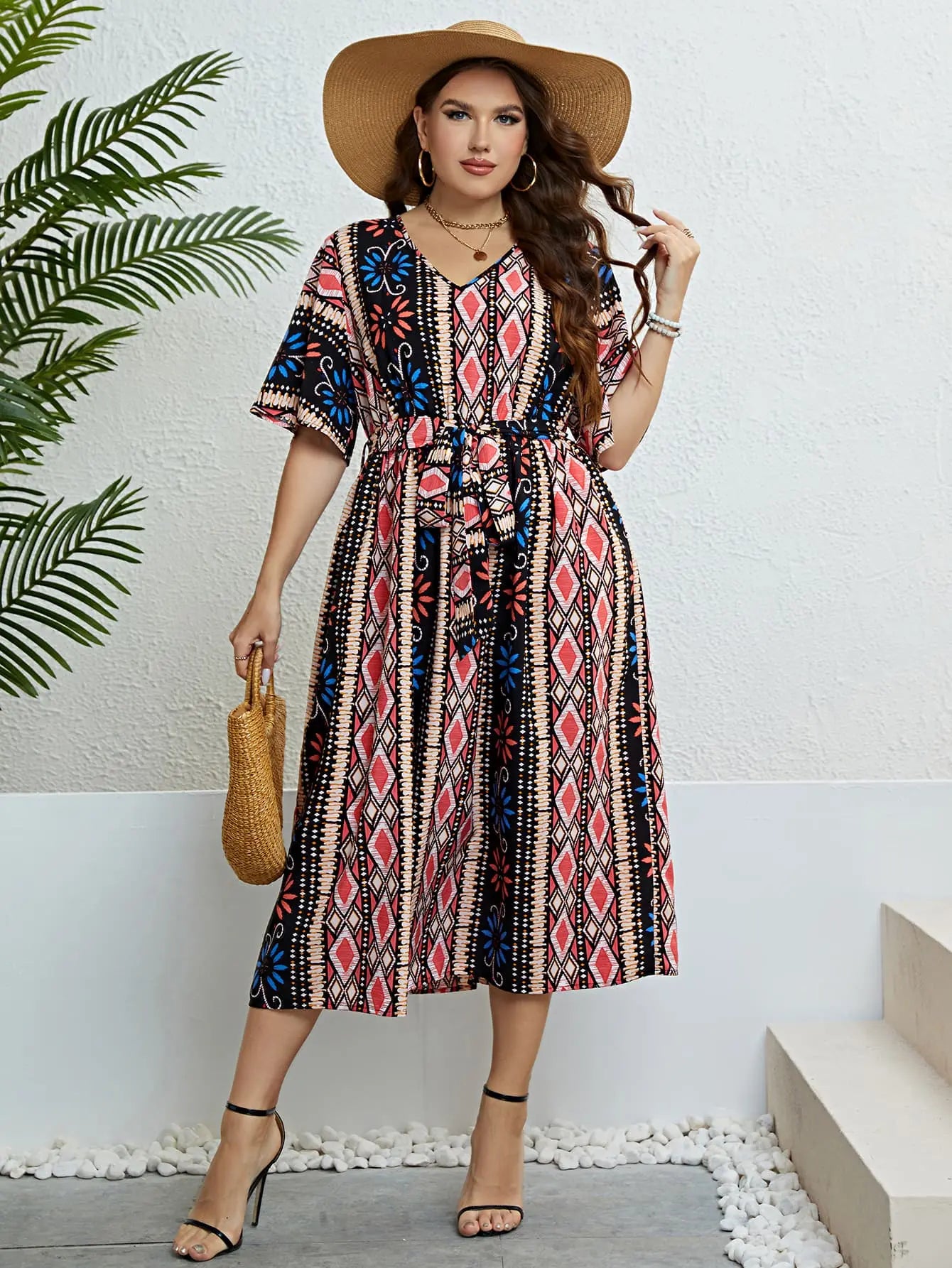 Plus Size Bohemian V-Neck Tie Belt Midi Dress - Scarlett's Riverside Boutique 