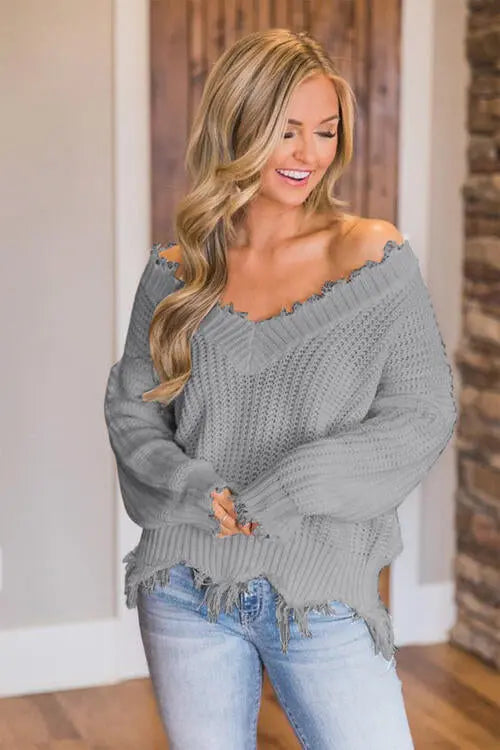 Frayed Hem Dropped Shoulder Sweater - Scarlett's Riverside Boutique 