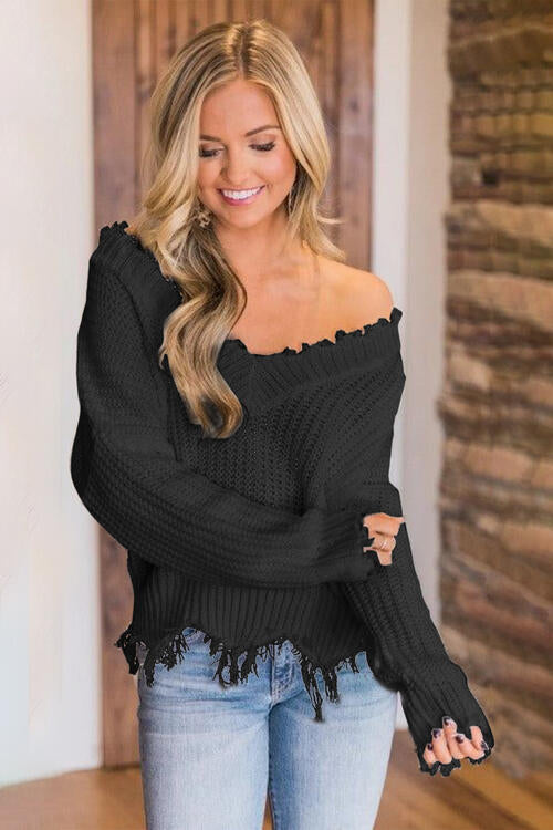 Frayed Hem Dropped Shoulder Sweater - Scarlett's Riverside Boutique 