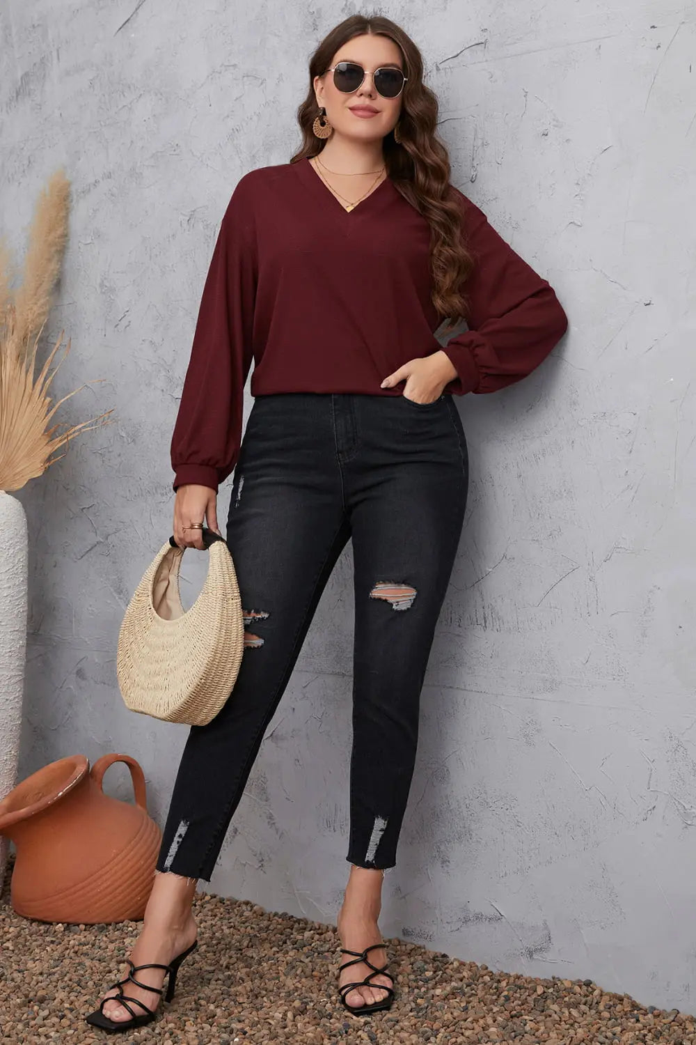 Melo Apparel Plus Size V-Neck Dropped Shoulder Blouse - Scarlett's Riverside Boutique 