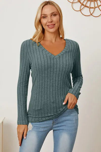 Basic Bae Full Size Ribbed V-Neck Long Sleeve T-Shirt - Scarlett's Riverside Boutique 