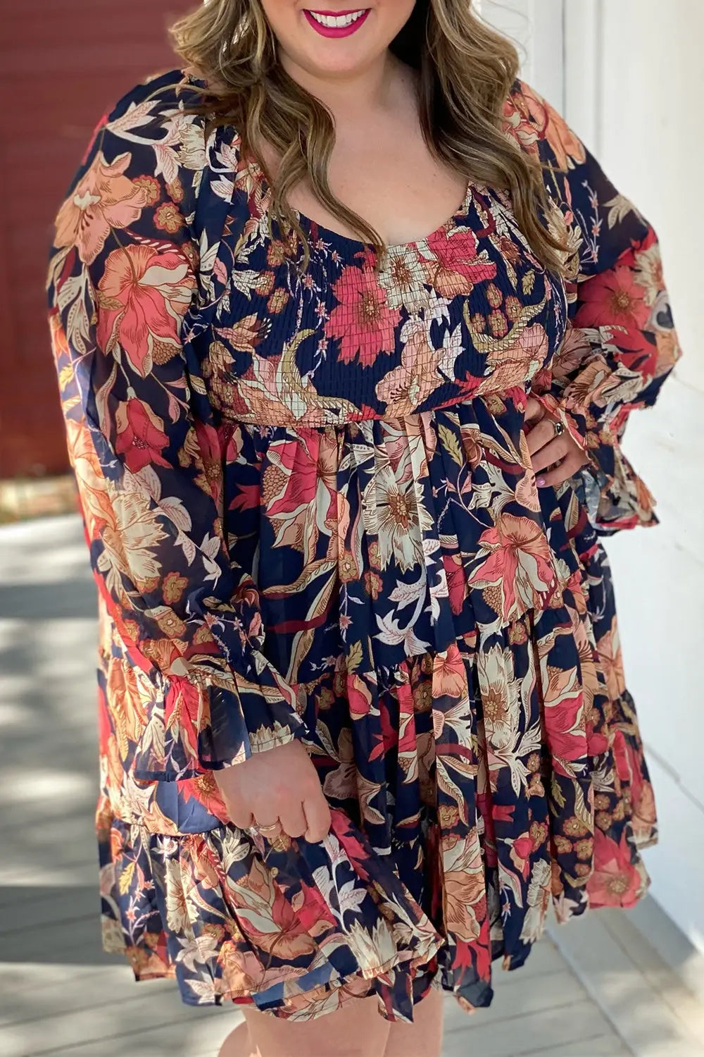 Plus Size Smocked Printed Long Sleeve Dress - Scarlett's Riverside Boutique 