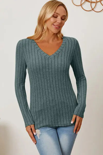 Basic Bae Full Size Ribbed V-Neck Long Sleeve T-Shirt - Scarlett's Riverside Boutique 