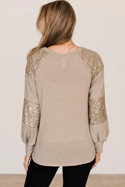 Sequin Round Neck Long Sleeve T-Shirt - Scarlett's Riverside Boutique 