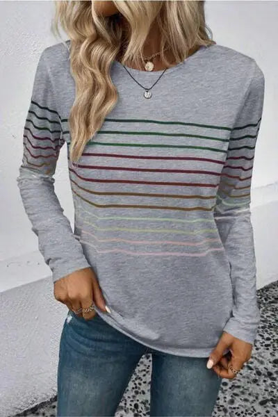 Striped Round Neck Long Sleeve T-Shirt - Scarlett's Riverside Boutique 