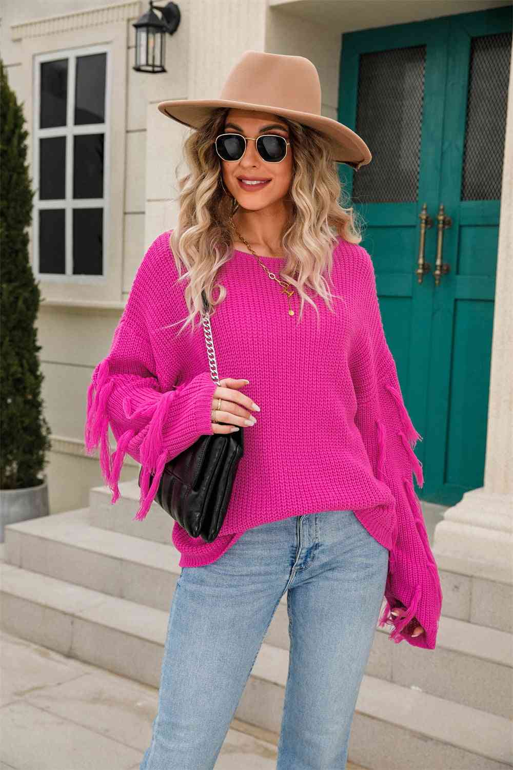 Ribbed Round Neck Fringe Detail Sweater - Scarlett's Riverside Boutique 