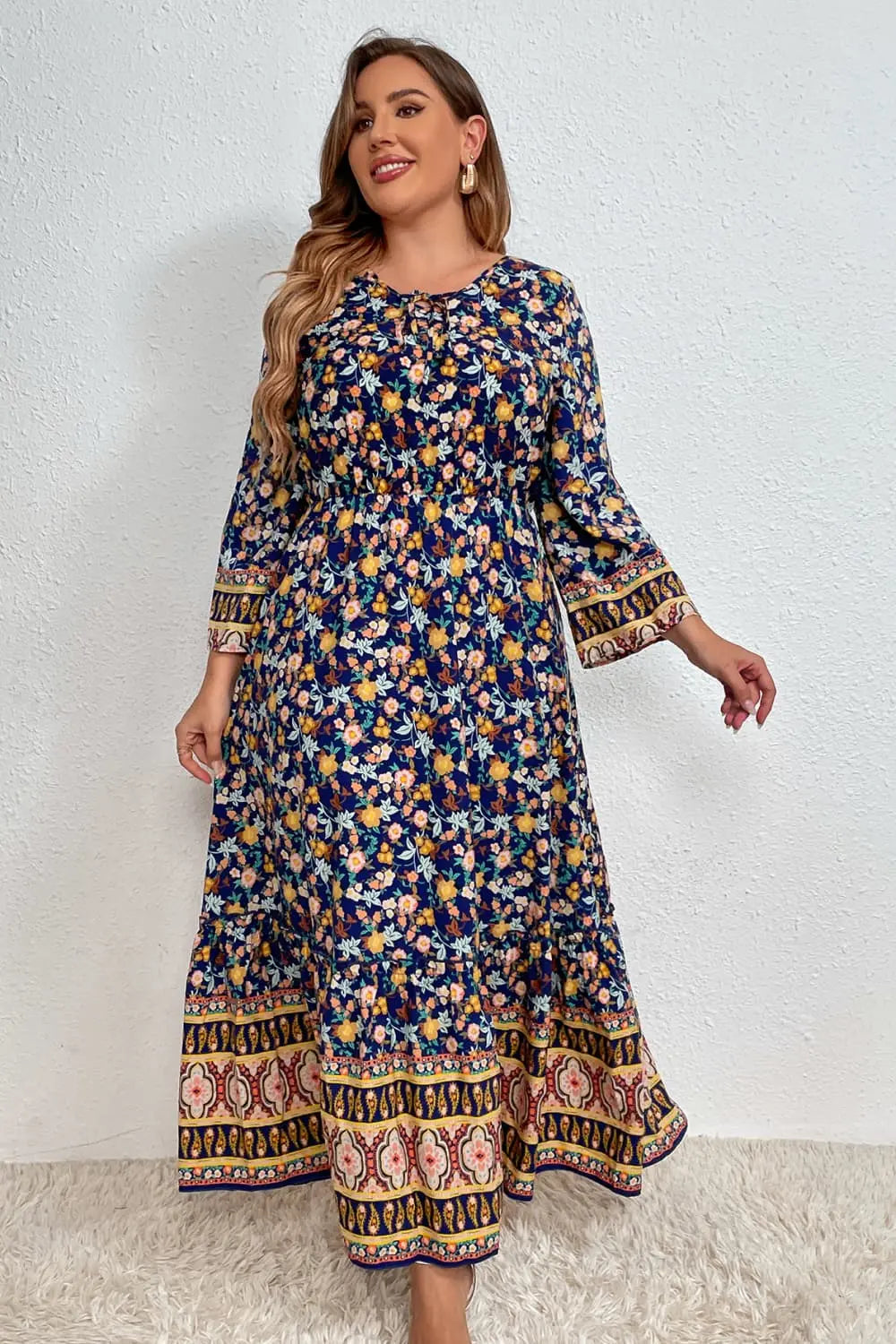 Melo Apparel Plus Size Bohemian Round Neck Maxi Dress - Scarlett's Riverside Boutique 