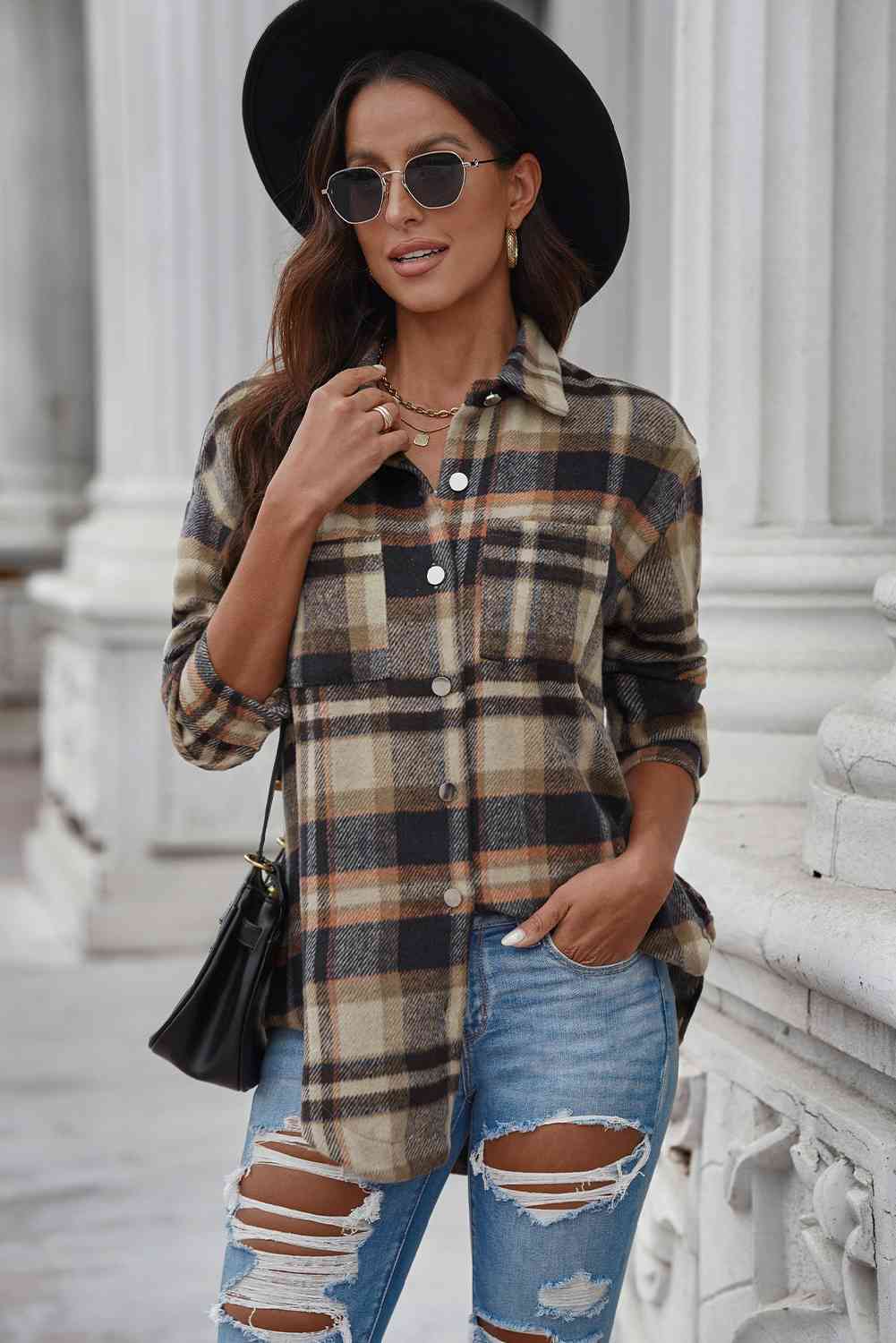 Plaid Curved Hem Dropped Shoulder Longline Shirt Jacket - Scarlett's Riverside Boutique 