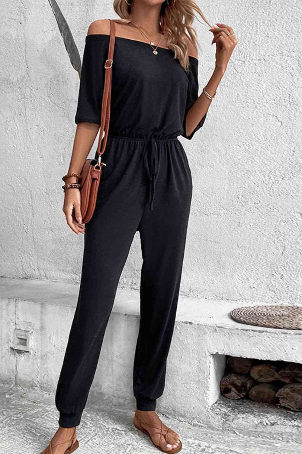 Off-Shoulder Jumpsuit with Pockets - Scarlett's Riverside Boutique 