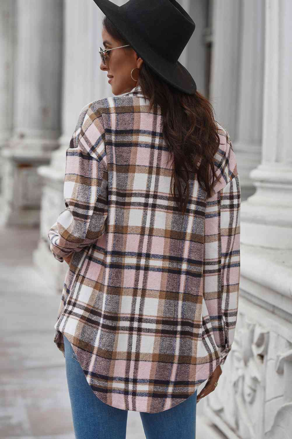 Plaid Curved Hem Dropped Shoulder Longline Shirt Jacket - Scarlett's Riverside Boutique 