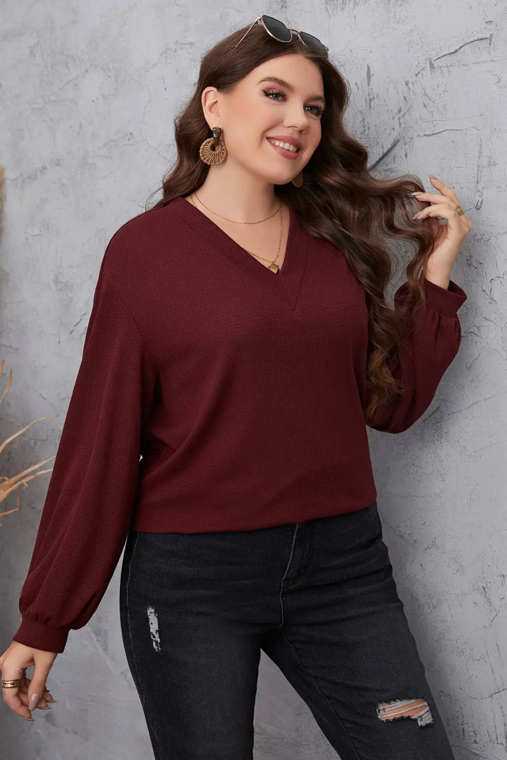 Melo Apparel Plus Size V-Neck Dropped Shoulder Blouse - Scarlett's Riverside Boutique 