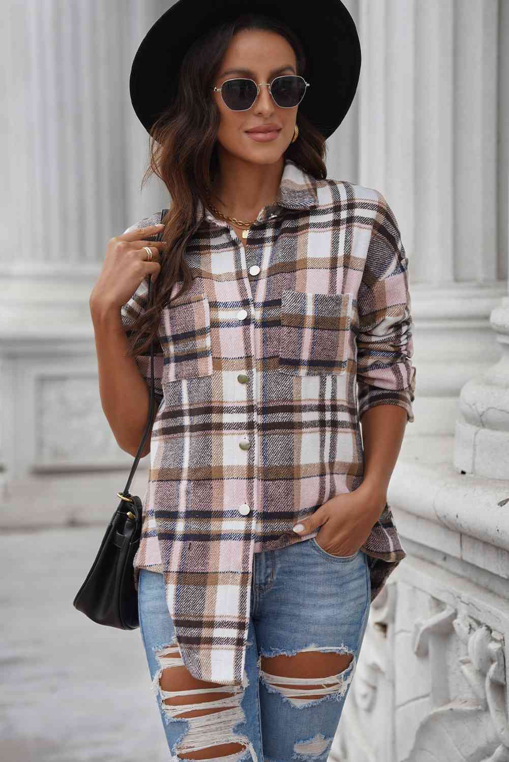 Plaid Curved Hem Dropped Shoulder Longline Shirt Jacket - Scarlett's Riverside Boutique 