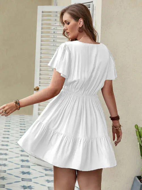 Double Take Plus Size Ruffle Hem V-Neck Short Sleeve Dress - Scarlett's Riverside Boutique 