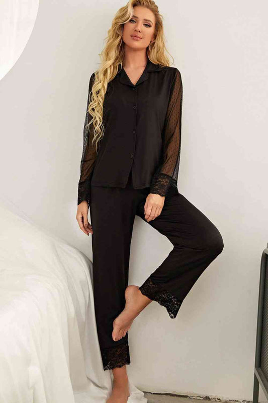 Spliced Lace Lapel Collar Pajama Set - Scarlett's Riverside Boutique 
