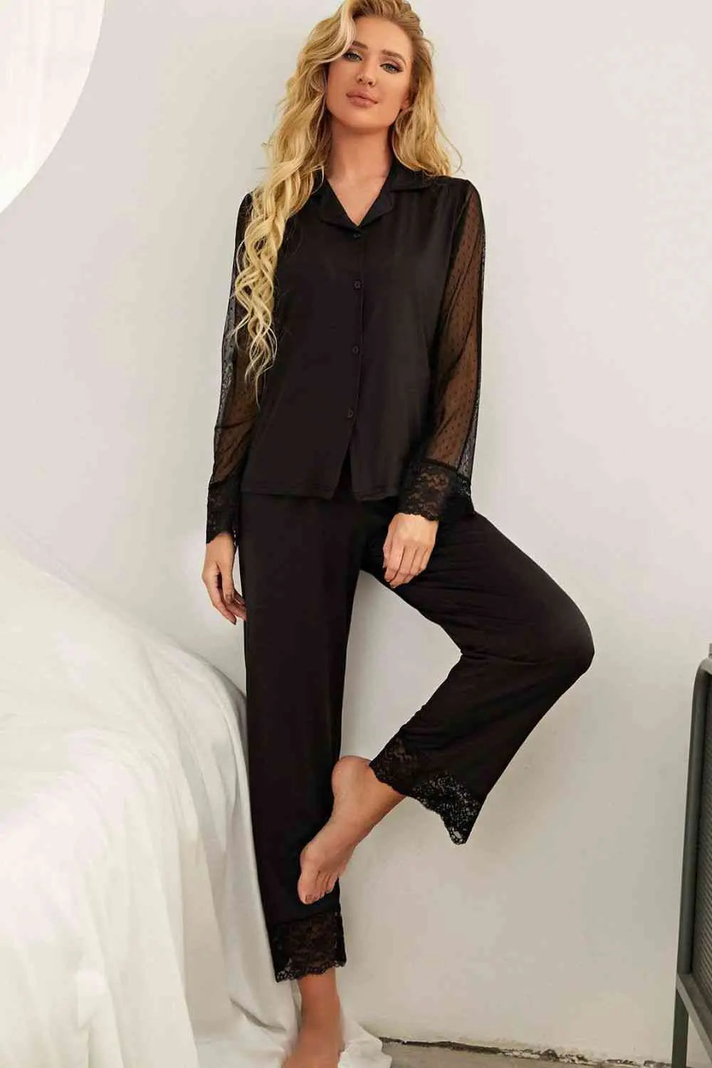 Spliced Lace Lapel Collar Pajama Set - Scarlett's Riverside Boutique 