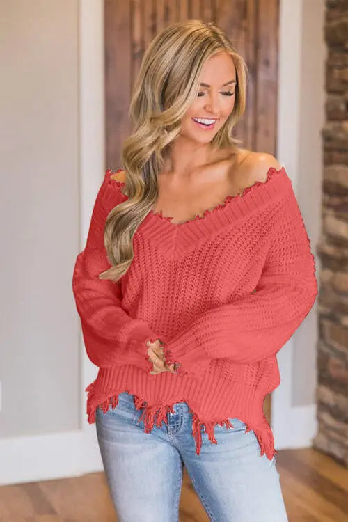 Frayed Hem Dropped Shoulder Sweater - Scarlett's Riverside Boutique 