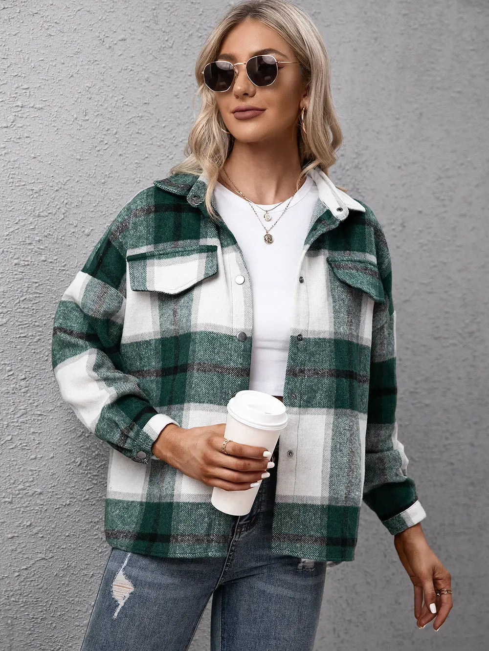 Plaid Long Sleeve Shirt Jacket - Scarlett's Riverside Boutique 