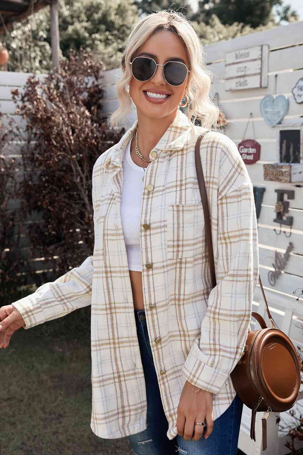 Plaid Curved Hem Dropped Shoulder Longline Shirt Jacket - Scarlett's Riverside Boutique 