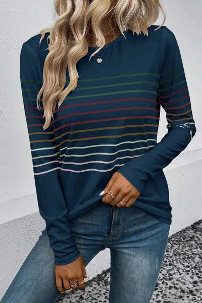 Striped Round Neck Long Sleeve T-Shirt - Scarlett's Riverside Boutique 