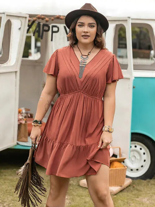 Double Take Plus Size Ruffle Hem V-Neck Short Sleeve Dress - Scarlett's Riverside Boutique 