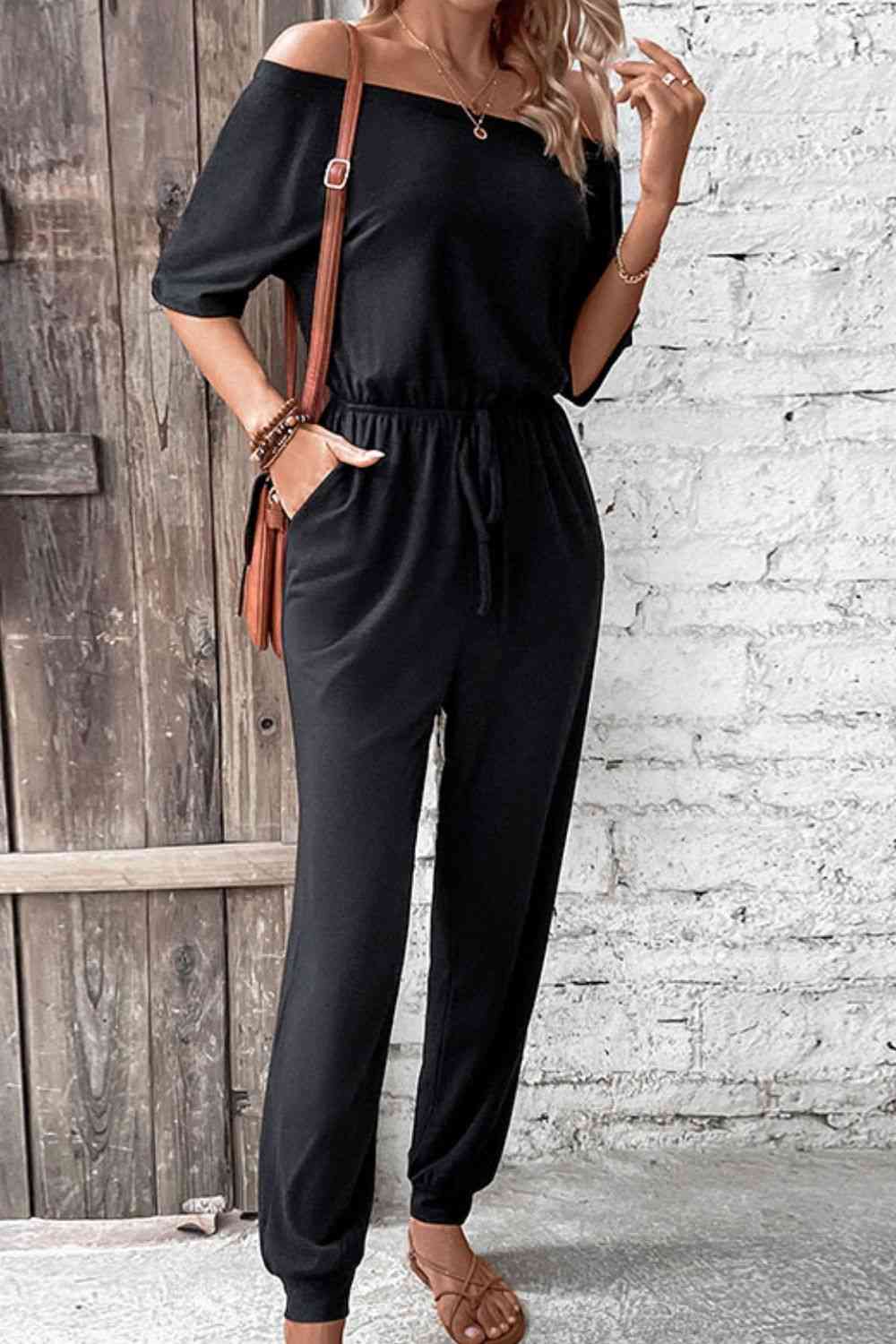 Off-Shoulder Jumpsuit with Pockets - Scarlett's Riverside Boutique 