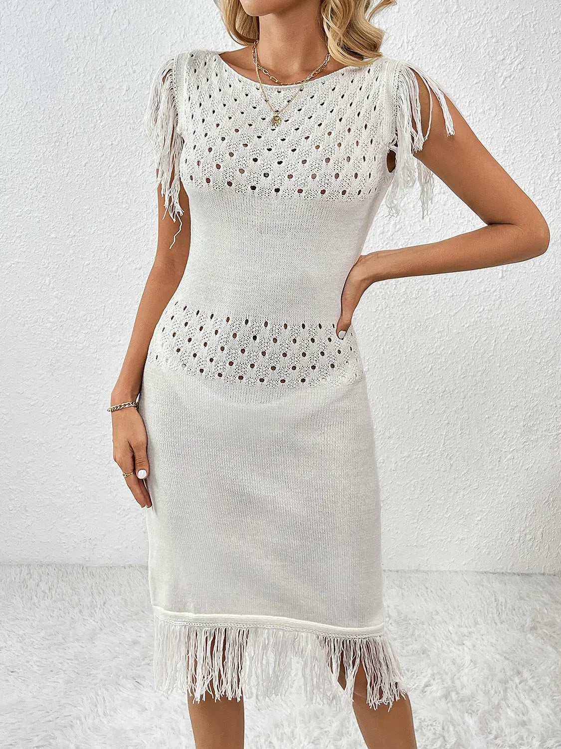 Fringe Openwork Boat Neck Knit Dress - Scarlett's Riverside Boutique 