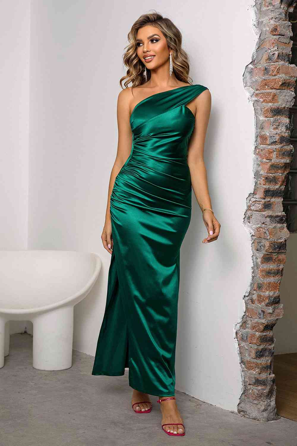 One-Shoulder Ruched Slit Maxi Dress - Scarlett's Riverside Boutique 