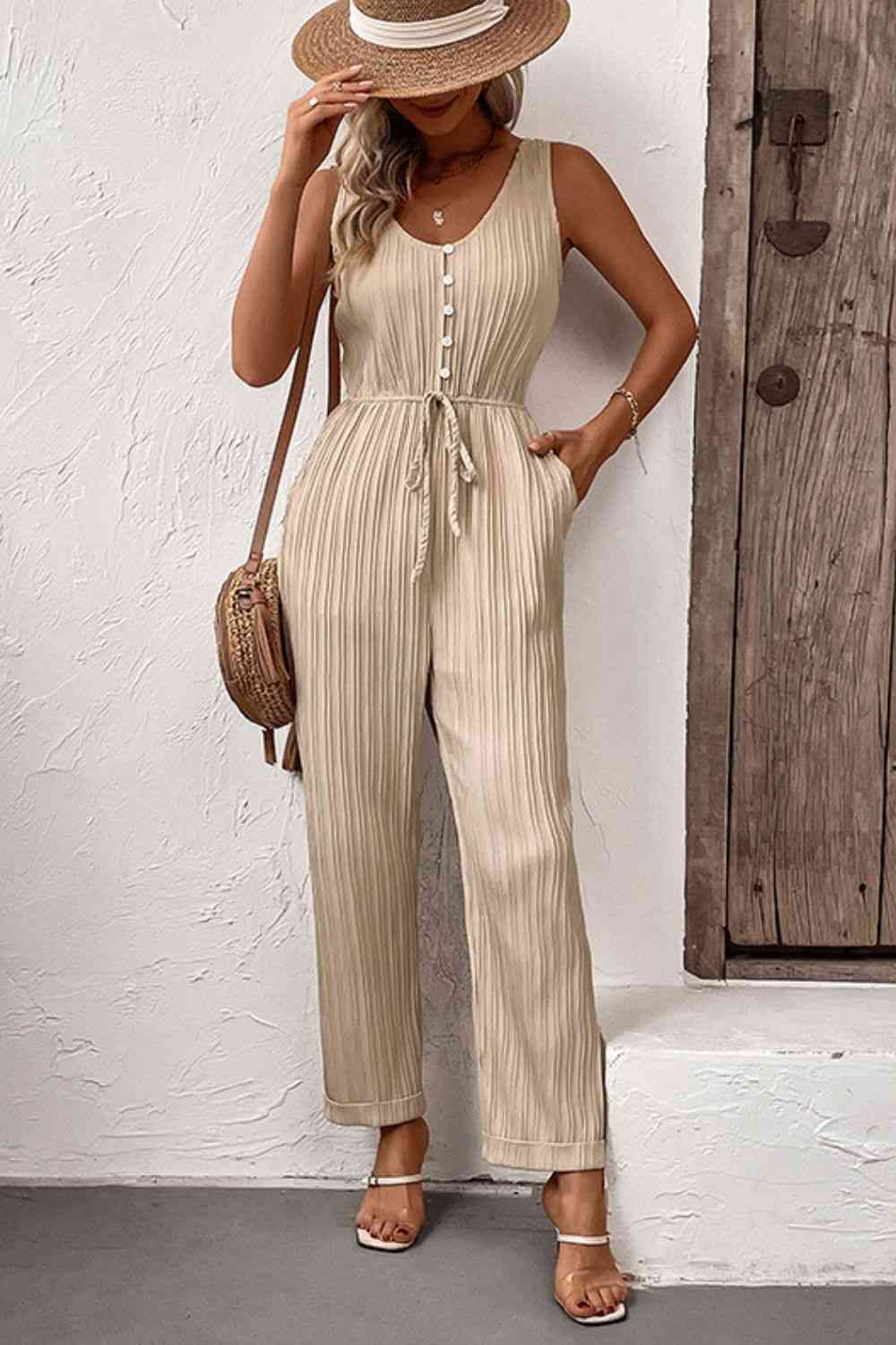 Textured Sleeveless Jumpsuit with Pockets - Scarlett's Riverside Boutique 
