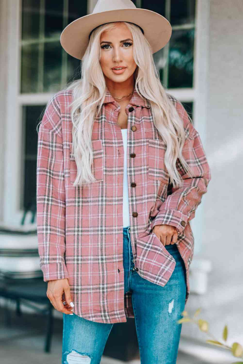 Plaid Curved Hem Dropped Shoulder Longline Shirt Jacket - Scarlett's Riverside Boutique 